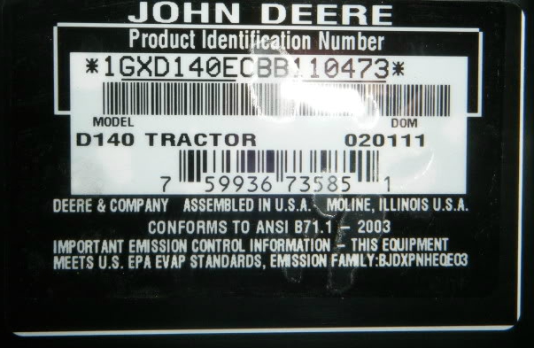Tabliczka znamionowa John Deere