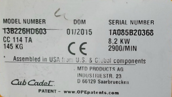Tabliczka znamionowa CubCadet MTD Gutrbrod